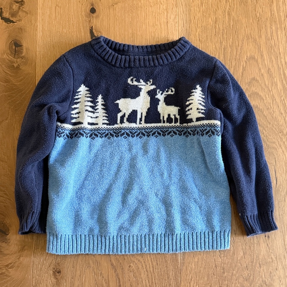 Janie and Jack Navy & Light Blue Deer Intarsia Knit Sweater